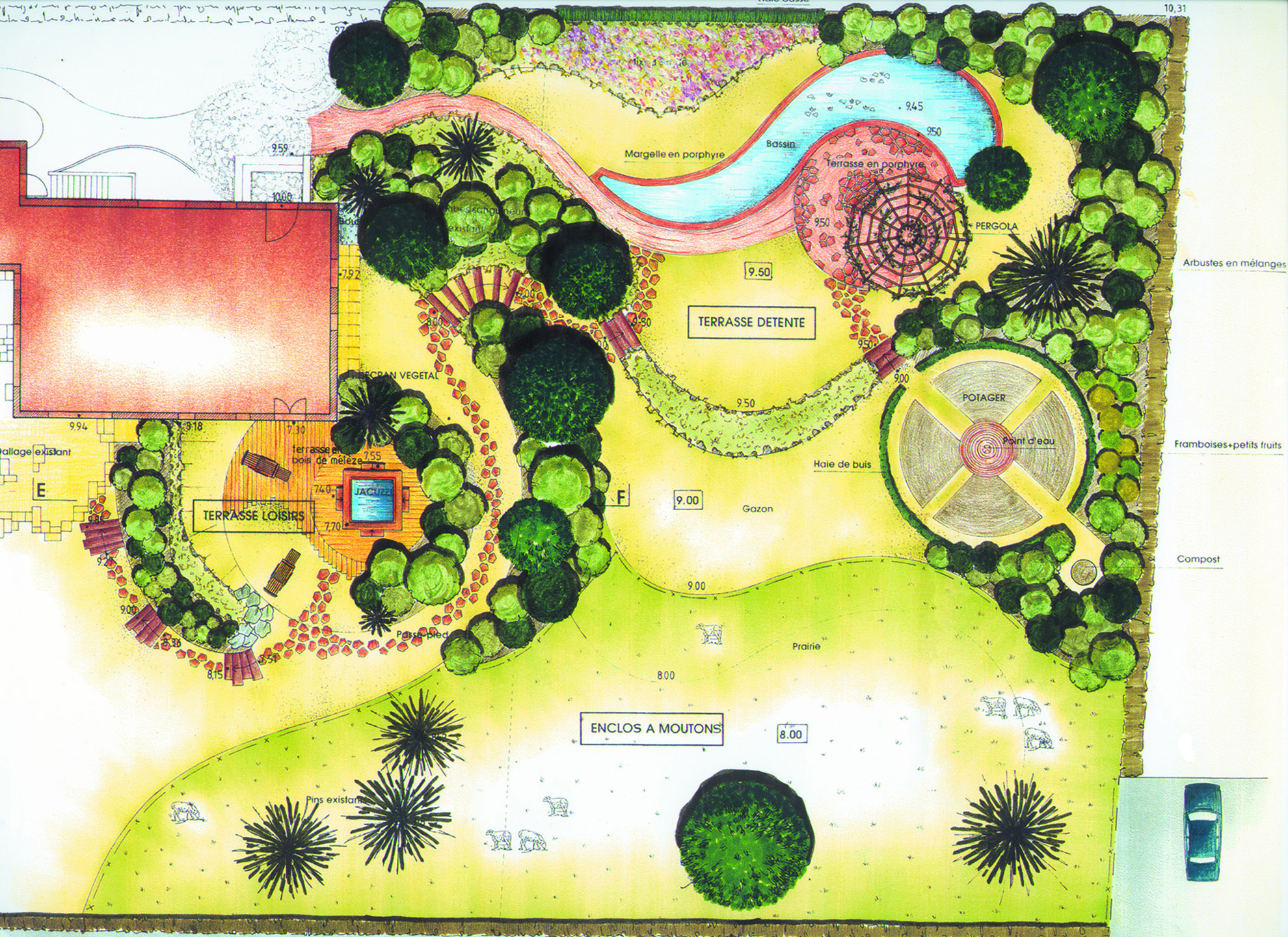 Mapa proyecto paisajístico, en color, del jardín en curvas de una propiedad privada, ajenciado por usos:  jacuzzy, estanque, pérgola, huerto, corral para ovejas.